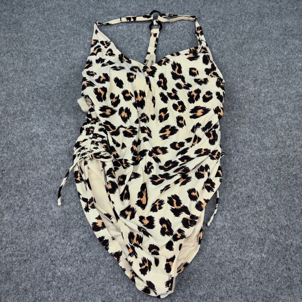 Kona Sol One Piece Swimsuit Womens XL Tan Leopard Print Halter Ruched Swim Beach
